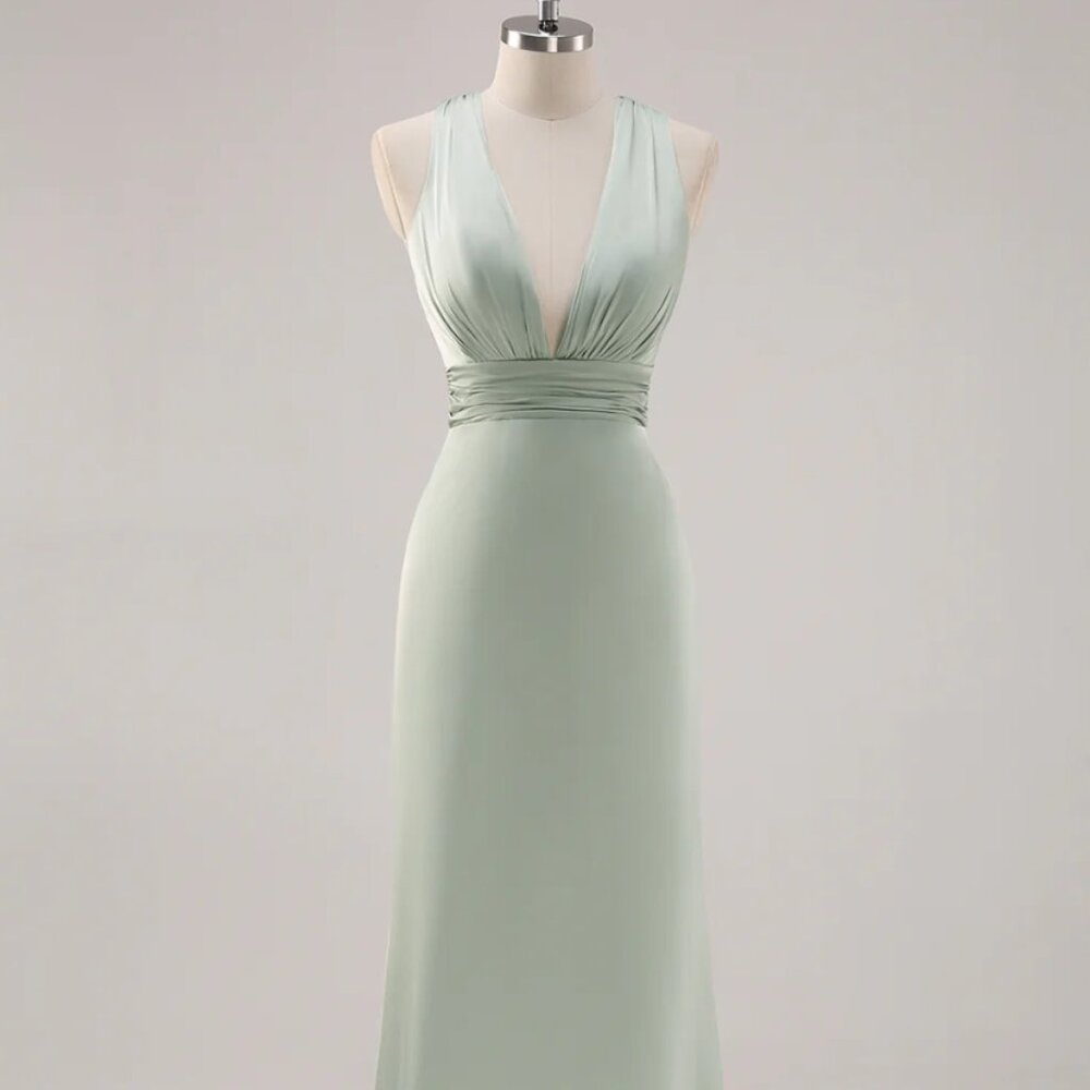 Sage Green Satin Deep V-Neck Backless Long Bridesmaid Dress